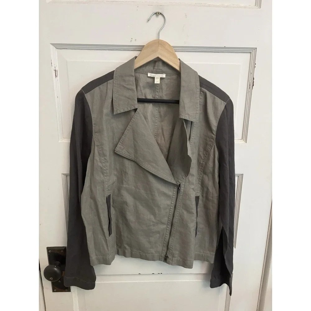 Eileen Fisher Gray Organic Linen Moto Jacket Two Tone Zip Lightweight Large $278